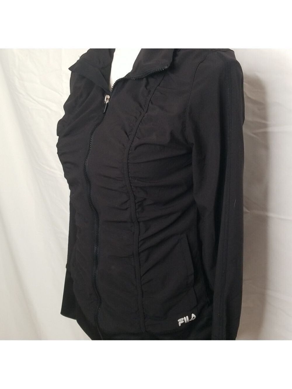 fila track jacket gray black womens size S ruched zip up front thumb holes